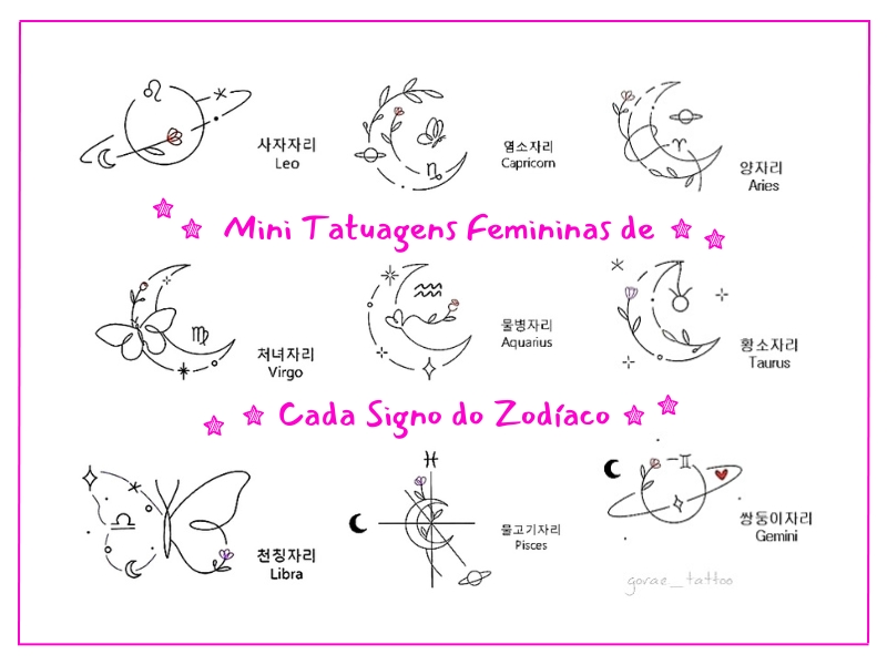 Mini Tatuagens Femininas de Cada Signo do Zodíaco Mini Tatuagens Femininas de Cada Signo do Zodíaco